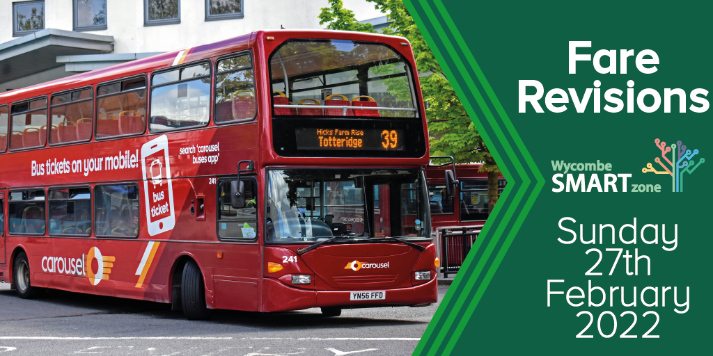 Photo of a double-decker bus, text reading 'Fare revision from 27th February 2022'"