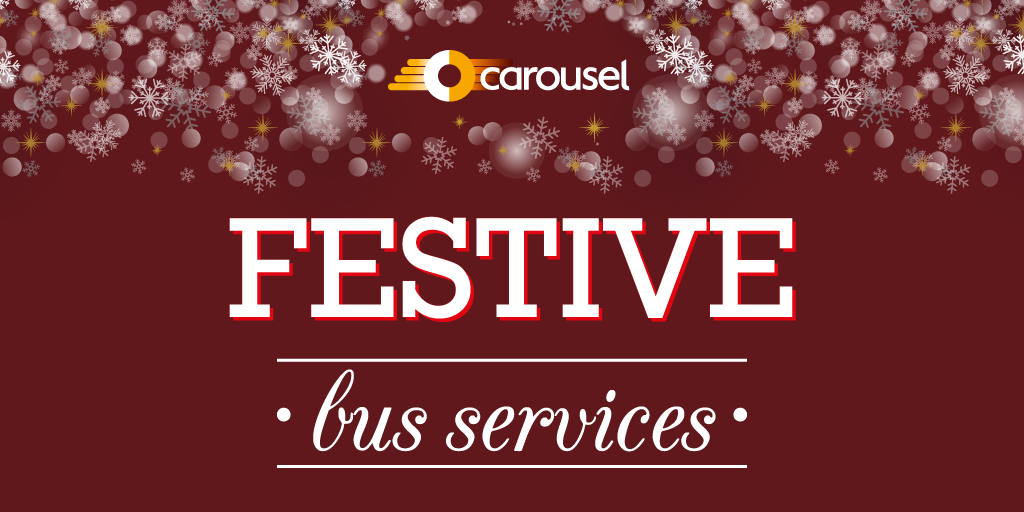 Image showing snow flakes on red background, text reading 'festive bus services'
