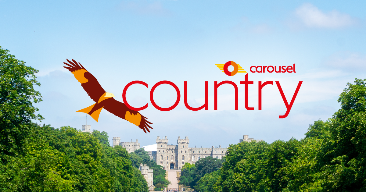 Carousel Country logo on backdrop of The Long Walk in Windsor, with the castle in the distance.