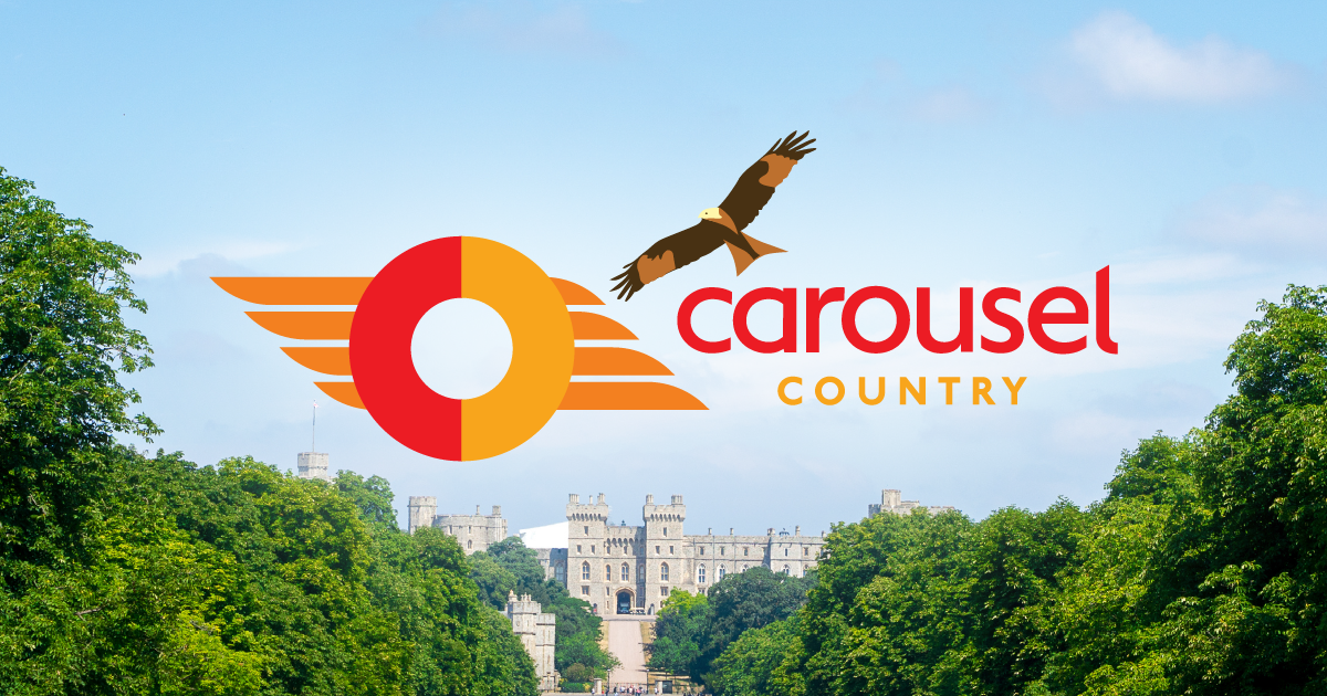 Carousel Country logo on backdrop of The Long Walk in Windsor, with the castle in the distance.