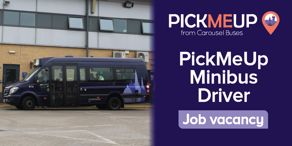 Photo of a purple Mercedes Sprinter. PickMeUp Logo. Text - PickMeUp minibus driver job vacancy