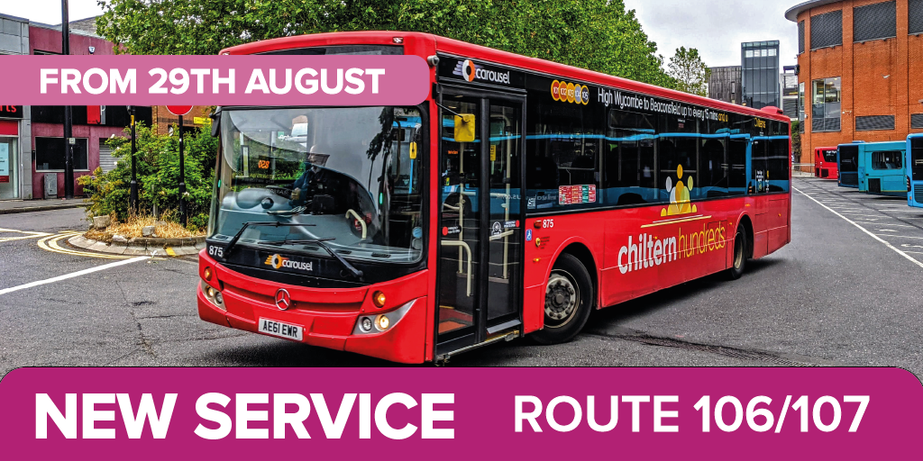 picture of a Caoursel Bus. Text - New Service route 106/107 from 29th August